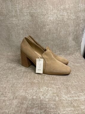 NWT Joie Womens Suede Wevenly Stacked Block-Heel Pumps Loafer Heels Tan Size 7.5